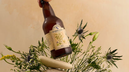 Kombucha Biloba Zen sobre rocas, fondo blanco con flores