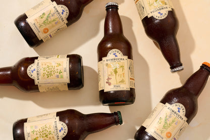 Mix Kombucha Biloba con botellas de kombucha Elixir, Momentum y Zen en vista aérea