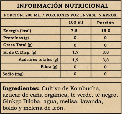 Kombucha Biloba Zen, ingredientes y tabla nutricional