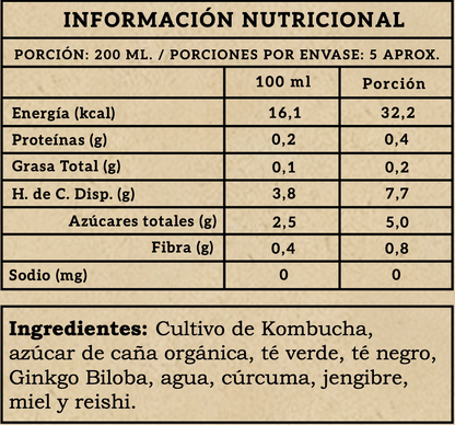 Ingredientes e información nutricional kombucha biloba elixir
